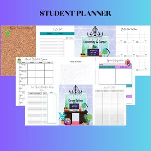 Op de afbeelding: Een studentenplanner met verschillende pagina's voor organisatie. De pagina's bevatten secties voor takenlijsten, herinneringen, budgettracking en carrièreopties. De planner heeft een blauwe en paarse gradiënt achtergrond met de woorden "STUDENT PLANNER" bovenaan.