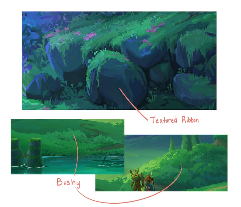 May include: A digital painting of a lush green forest scene with a textured ribbon of foliage and a river in the background.