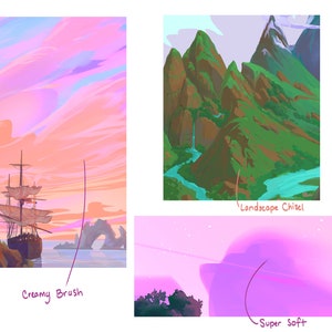 May include: A digital painting of a landscape with a ship sailing on the ocean at sunset. The sky is a vibrant pink and orange with clouds. The text "Creamy Brush" is written in purple on the bottom left of the image. The text "Landscape Chisel" is written in purple on the bottom right of the image. The text "Super Soft" is written in purple on the bottom right of the image.