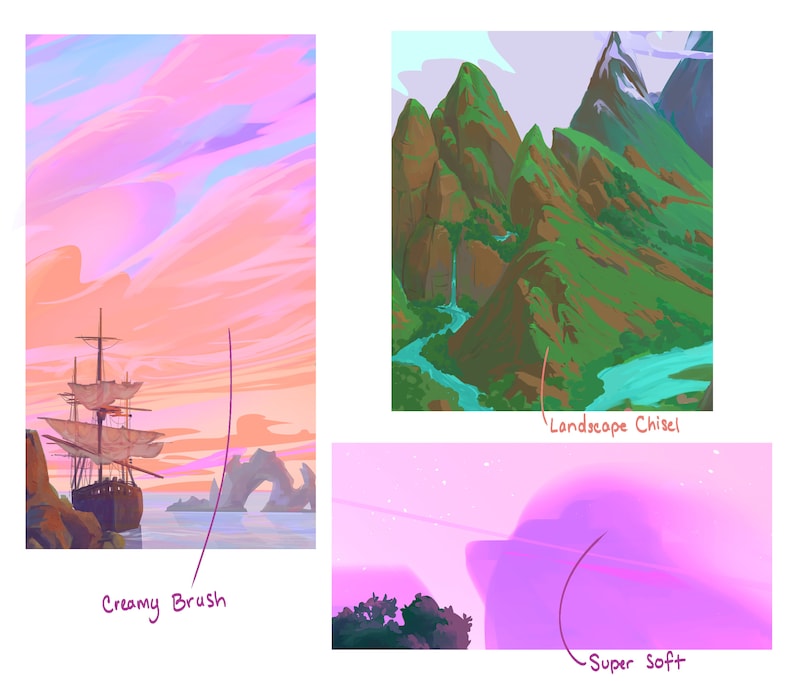May include: A digital painting of a landscape with a ship sailing on the ocean at sunset. The sky is a vibrant pink and orange with clouds. The text "Creamy Brush" is written in purple on the bottom left of the image. The text "Landscape Chisel" is written in purple on the bottom right of the image. The text "Super Soft" is written in purple on the bottom right of the image.