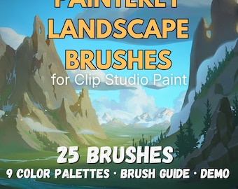 Pincéis de paisagem com estilo pictórico para Clip Studio Paint – 25 pincéis + 9 paletas de cores | Kit de ferramentas de arte digital + guia
