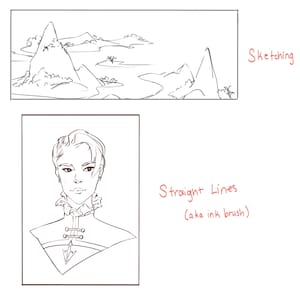 May include: A black and white line drawing of a person with short hair wearing a collared shirt with buttons. The drawing is labeled "Straight Lines (aka ink brush)".