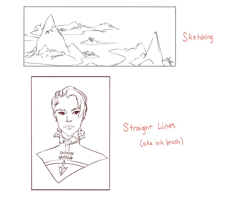 May include: A black and white line drawing of a person with short hair wearing a collared shirt with buttons. The drawing is labeled "Straight Lines (aka ink brush)".