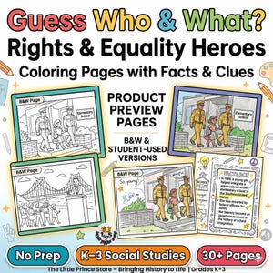 Puede incluir: Una colección de páginas para colorear educativas titulada Guess Who & What? Rights & Equality Heroes. El conjunto incluye ilustraciones en blanco y negro y a color de escenas históricas, un cuadro de datos y texto de 30+ páginas para grados K-3.