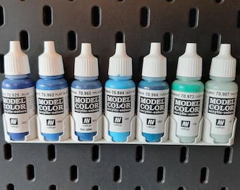 Ikea Skadis compatible acrylic paint bottles, tube holders, Army Painter, Vallejo, Green Stuff World, Scale Color drip paints, Pegboard