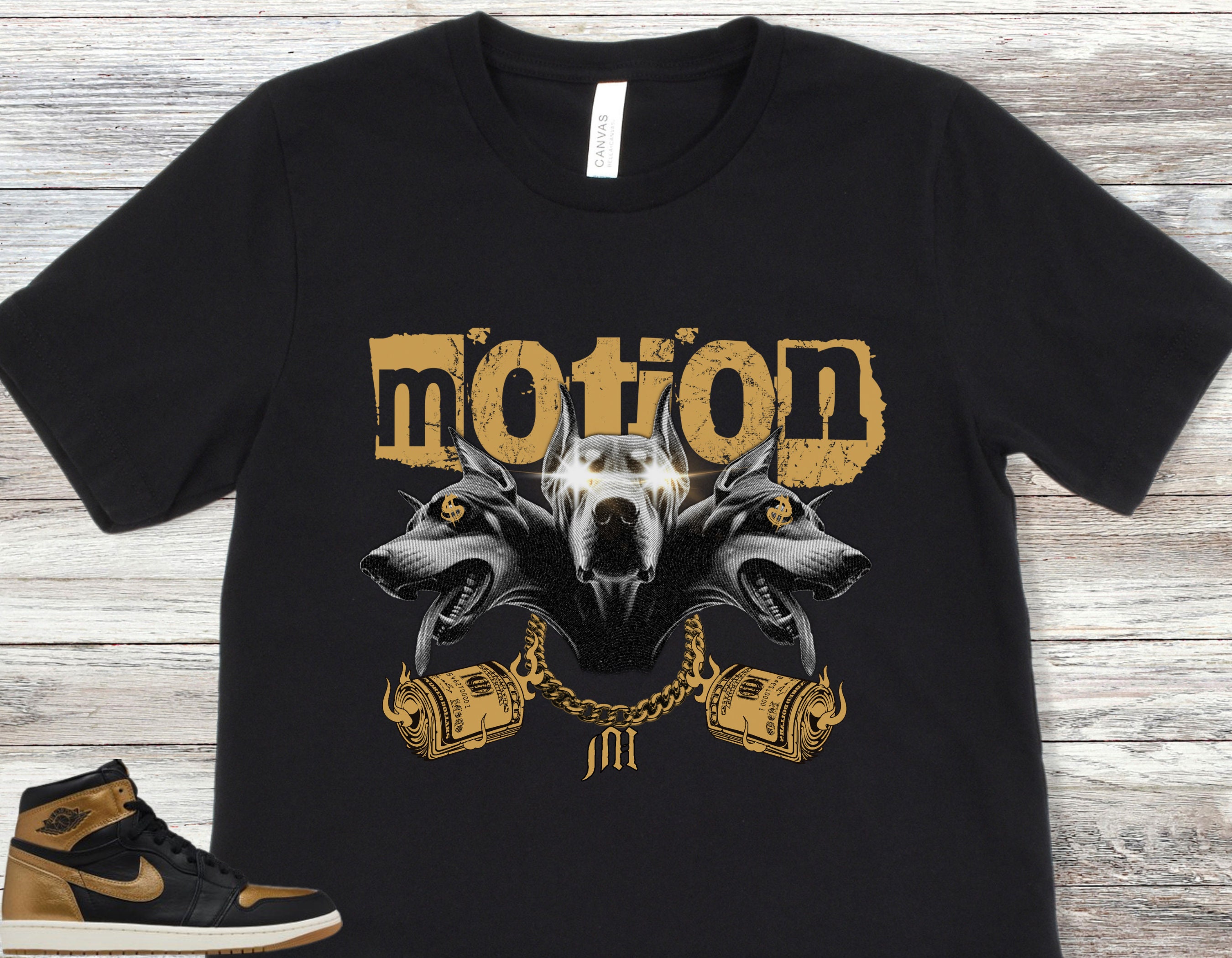 Jordan 1 Retro Black and Gold Sneaker Match Shirt, Black Sail  
