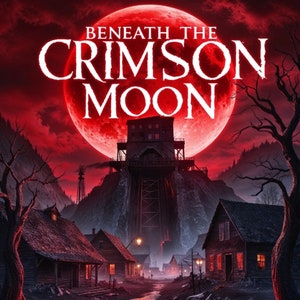 Może przedstawiać: Ciemne, tajemnicze miasteczko z drewnianymi domami i czerwonym księżycem na niebie. Tekst "Beneath the Crimson Moon" jest napisany nad księżycem.