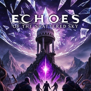 May include: A fantasy-themed video game cover art featuring five figures in dark clothing standing in front of a glowing purple portal. The figures are holding swords and are facing the portal. The background is a dark, stormy sky with a large, broken structure in the center. The text "ECHOES OF THE SHATTERED SKY" is displayed at the top of the image.