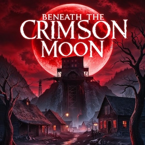 May include: A dark, ominous scene with a red moon in the sky. The text "Beneath the Crimson Moon" is written in white letters across the moon. A small town with wooden houses is in the foreground, and a large, dark structure is in the background.