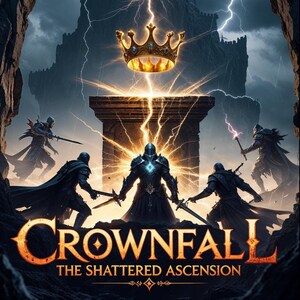May include: A fantasy video game cover art featuring a golden crown with blue gems, a dark castle, and four figures in armor holding swords. The text "Crownfall The Shattered Ascension" is displayed at the bottom of the image.