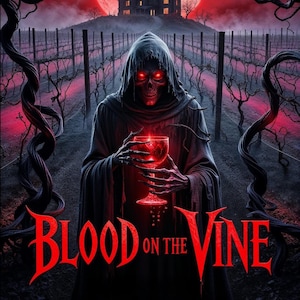 May include: A hooded figure with glowing red eyes holds a goblet of blood in front of a spooky, gothic mansion with a red moon in the background. The text "BLOOD ON THE VINE" is written in red letters at the bottom of the image.