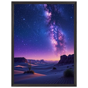 Starlit Desert Landschaft - Premium, auf Holz montiertes, gerahmtes 18x24-Zoll-Poster mit mattem Papier in Museumsqualität
