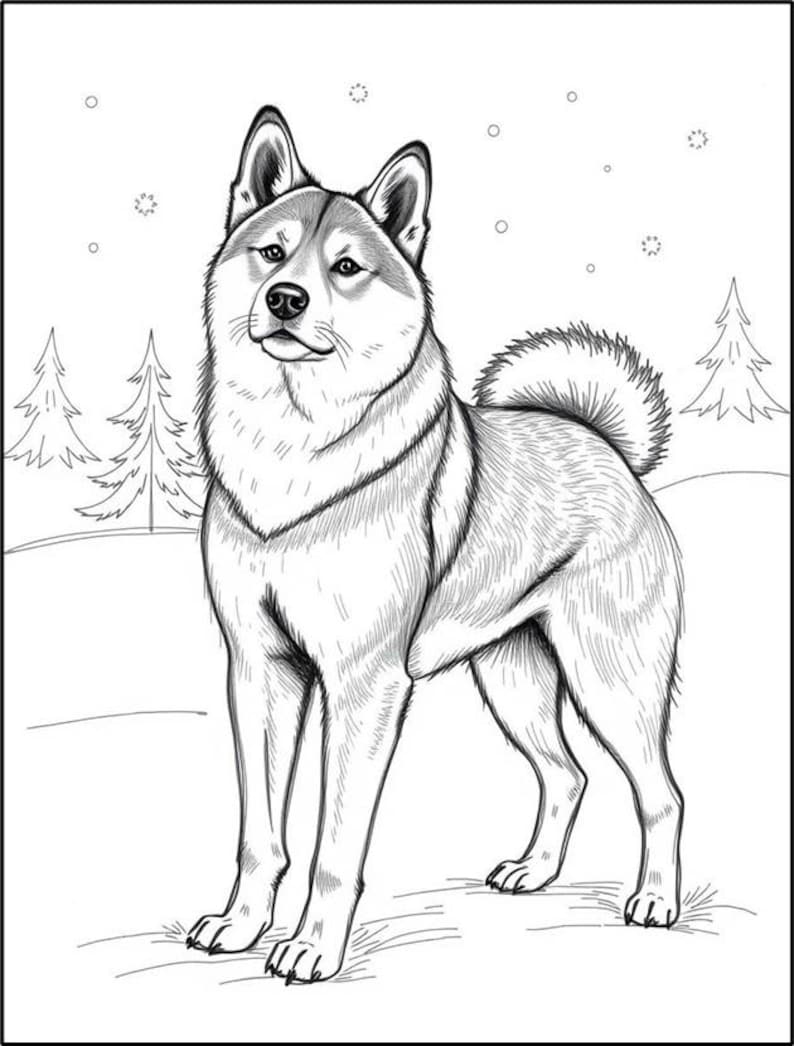 Peut inclure: Un dessin au trait noir et blanc d'un chien Shiba Inu debout dans un paysage enneig&eacute;. Le chien regarde directement le spectateur, la queue enroul&eacute;e derri&egrave;re lui.