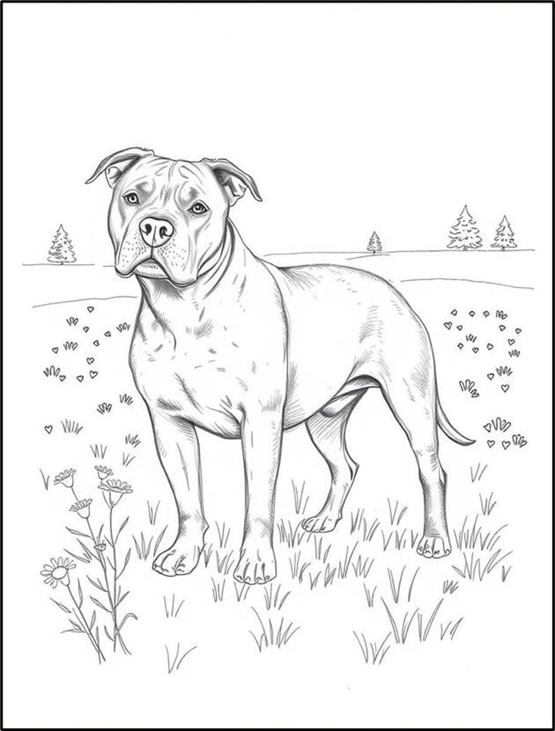 Peut inclure: Un dessin au trait en noir et blanc d'un pit-bull terrier debout dans un champ d'herbe avec des fleurs. Le chien regarde directement le spectateur.