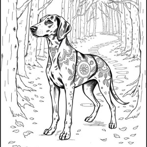 Peut inclure: Un dessin au trait noir et blanc d'un chien avec des motifs complexes sur son corps. Le chien se tient dans un d&eacute;cor de for&ecirc;t avec des arbres et un chemin.