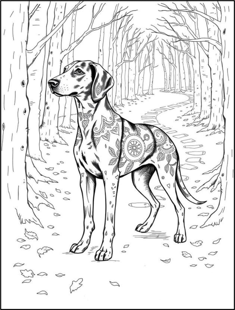 Peut inclure: Un dessin au trait noir et blanc d'un chien avec des motifs complexes sur son corps. Le chien se tient dans un d&eacute;cor de for&ecirc;t avec des arbres et un chemin.