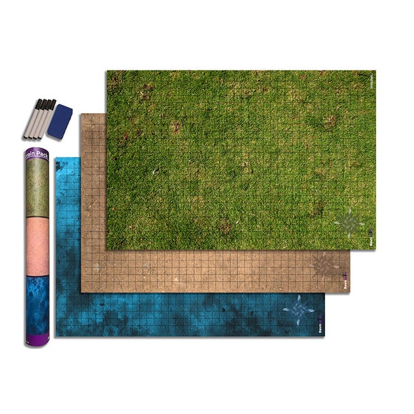 DND Battle Mat 3 Pack Starter Set Accessory for RPG Role Playing Games 24" X 36" Non-Staining Dry/Wet Erase Vinyl Battle Grid Terrain Pack 1