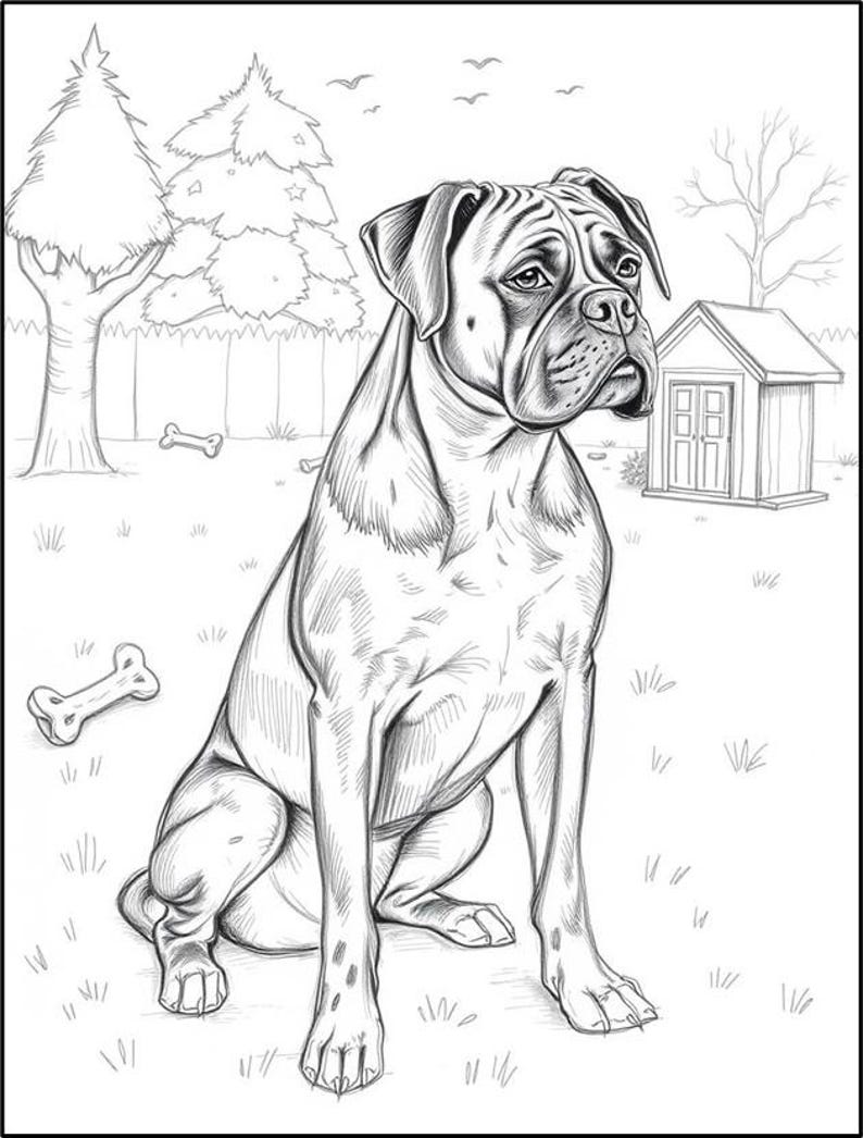 Peut inclure: Un dessin au trait en noir et blanc d'un boxer assis dans une cour. Le chien regarde vers la droite de l'image. Il y a un petit abri en bois en arri&egrave;re-plan.