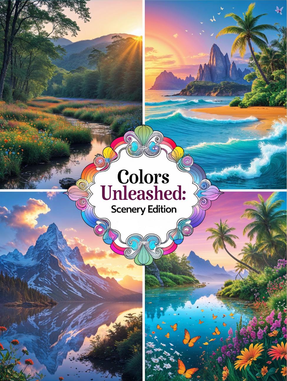 Colors Unleashed: Scenery Edition â Relaxing Landscape Coloring Book for Adults & Kids with Nature Scenes
