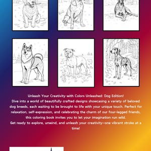 Peut inclure: Un livre de coloriage avec six illustrations en noir et blanc de diff&eacute;rentes races de chiens. La couverture du livre pr&eacute;sente le texte "Unleash Your Creativity with Colors Unleashed: Dog Edition!" et le texte "Ravnspire".