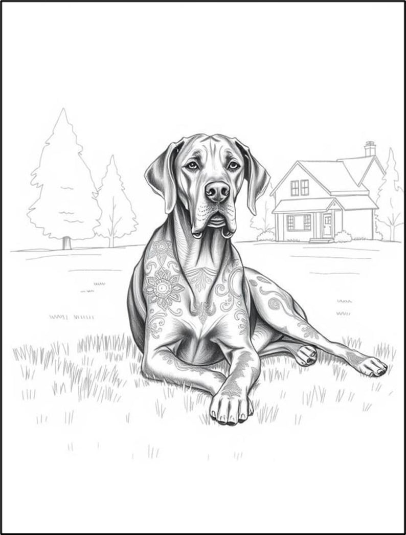 Peut inclure: Une illustration en noir et blanc d'un dogue allemand couch&eacute; dans un champ herbeux. Le chien a des motifs complexes sur son corps, ressemblant &agrave; des tatouages.