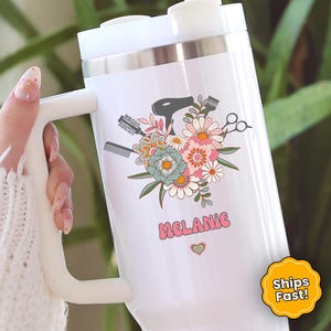 Personalized Hair Stylist Tumbler Custom Hair Dresser Tumbler With Handle Retro Floral Hair Stylist Travel Cup With Straw Boho Floral Cup