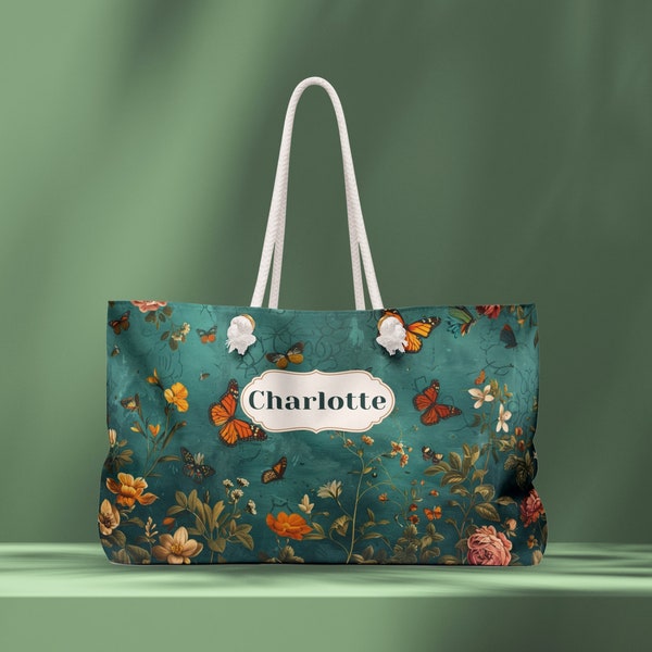 Personalized Butterfly Weekender Bag,  Customized Girls Trip Overnight Bag, Custom Girls Weekend Bag, Bachelorette Bags, Floral Teal Tote