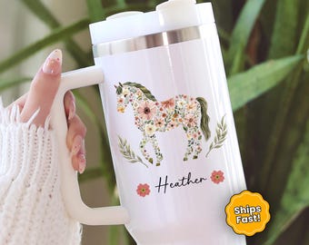 Personalized Floral Horse Tumbler with Handle • Custom Name Farmhouse Mug • 40oz or 20oz Stainless Cup • Horse Lover Gift • Ships Fast