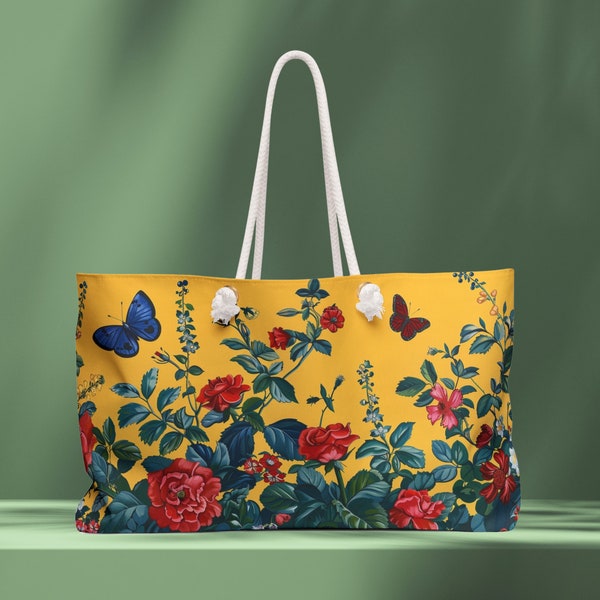 Yellow Butterfly And Roses Weekender Bag, Butterfly Tote Bag, Girls Trip Weekend Overnight Bag Bachelorette Beach Bags, Dance Tote, Gym Bag