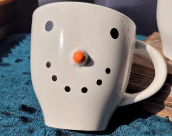 Vintage 2pc Stoneware Large Coffee Mug 3D Carrot Nose Royal Norfolk Greenbrier International Snowman Smiley Face Holiday Decor Kitchen Decor