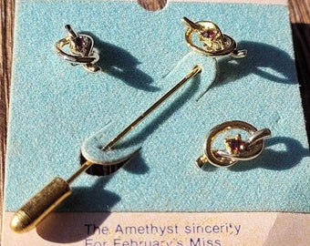 Vintage Amethyst February Birthstone Stud Earrings and Lapel Pin & Gold-Toned Setting Knot Gemstone Design Contempra Pisces and Aquarius