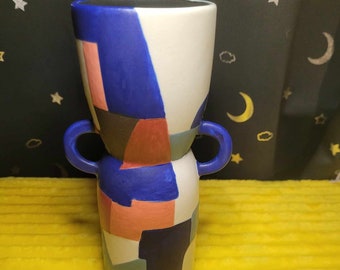 Vintage Urn Geometric Abstract Hand Painted Modernist Rounded Handle Vase Prempracha Stoneware | Retro Postmodern Pottery Mid-Century Art