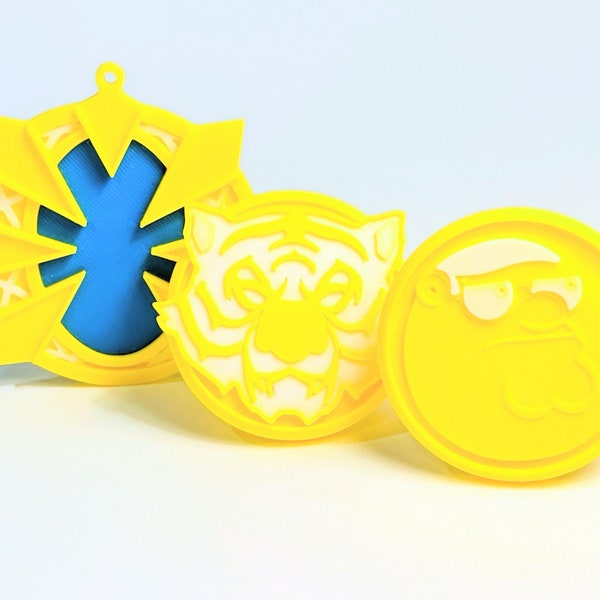 3d printed gaming 3 medallions, Peter, Oscar, and Montague