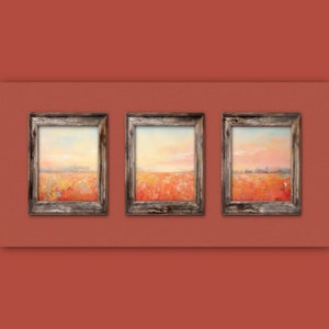 Abstract Art &quot;Carmine Meadows&quot; Impressionist Coordinating Paintings, Set of Three Triptych, 16x20 Inches Each