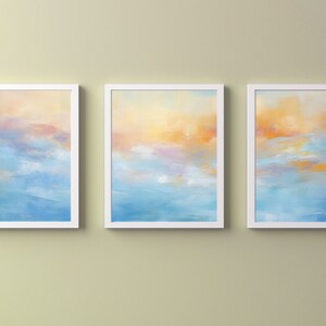 Cloudy Morning Sky Sunrise, Abstract Impressionist Skyscape, Three Panel Triptych 16x20 Inches Each