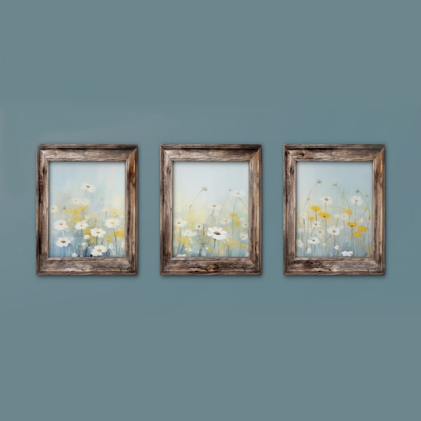 Sunshine Daisies Abstract Impressionist Painting Set, Ensemble de trois triptyques coordonnés, Téléchargement numérique imprimable 16x20 pouces chacun