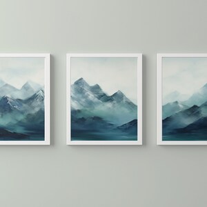 Misty Mountains, Abstract Impressionist Blue Green Mountain Landscape, Three Panel Triptych 16x20 Inches Each