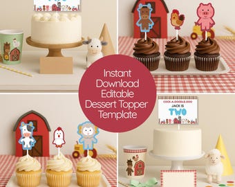 Farm 2nd Birthday Cupcake Toppers: Barnyard Animals, Tractor (Digital Download, PDF, JPG, PNG Options)