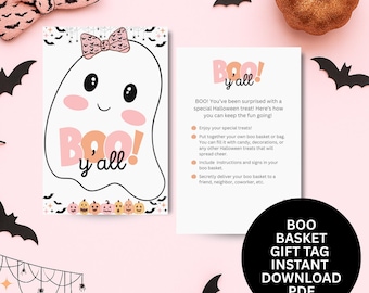 Etiqueta de presente e instruções para cesta de fantasmas Boo Y'all Cute Boo para impressão em PDF, instruções para sacola de Halloween em tons pastel, placa "Você foi vaiado"