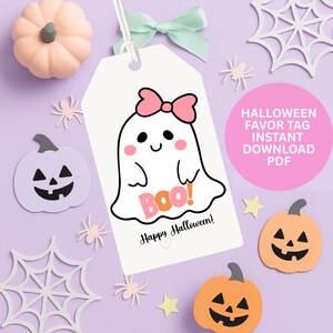Etiqueta de presente para a turma Boo Cute Girl Ghost Happy Halloween para impressão, sacolas de guloseimas de Halloween rosa pastel para meninas, etiquetas de presente para a turma Ghoul imagem 2