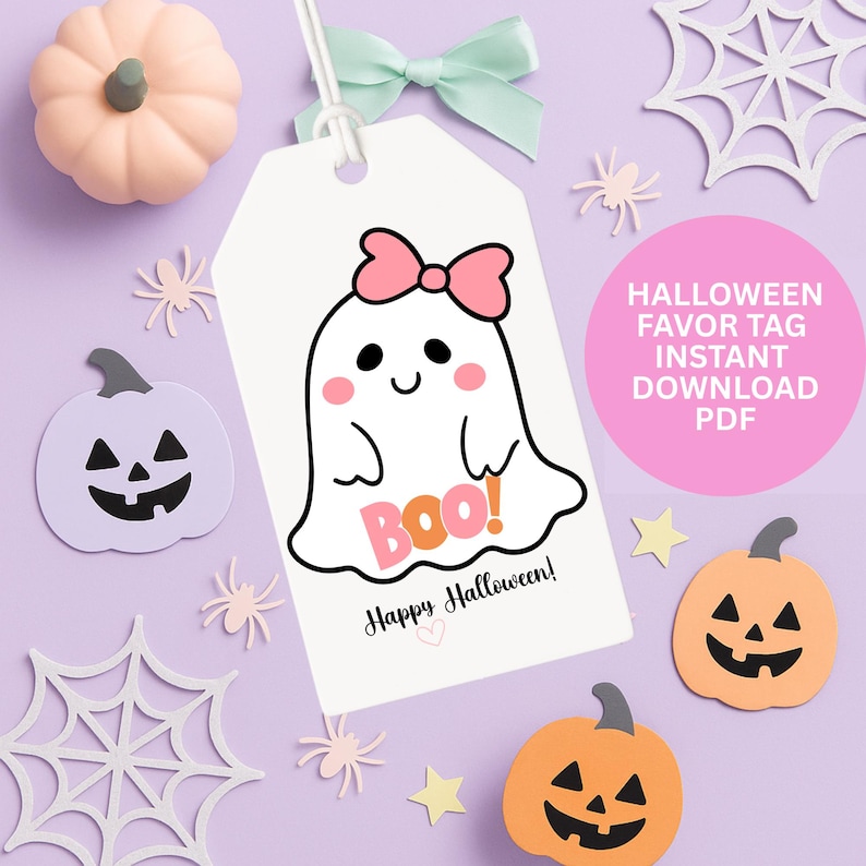 Etiqueta de presente para a turma Boo Cute Girl Ghost Happy Halloween para impressão, sacolas de guloseimas de Halloween rosa pastel para meninas, etiquetas de presente para a turma Ghoul imagem 2