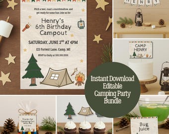 Editable Camping Birthday Party Bundle: Campout Invitation, Banner, and Decorations (Digital Download)