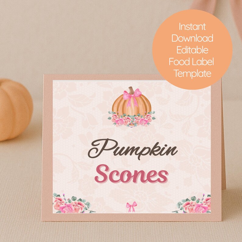 Scone Labels Editable Coquette Fall Food Labels: Peach Pumpkin Bow Tent Cards (canva ...
