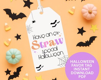 Have an Ex-Straw Special Halloween Silly Straw Gift Tag PDF Printable, Noncandy Halloween Goodie Bag, Cute Groovy Pastel Halloween Treat Bag