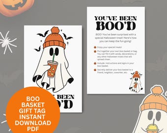 Instrucciones para la etiqueta de regalo de la cesta Boo de murciélago fantasma hipster "Te han abucheado" (PDF imprimible), instrucciones para la bolsa Boo de café con calabaza helada de Halloween retro