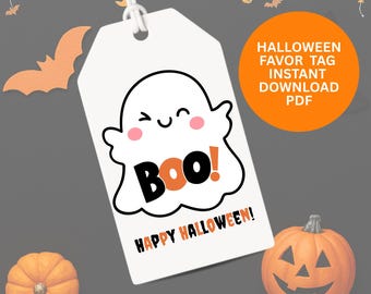 Cute Ghost Happy Halloween Class Gift Tag Printable, Orange and Black Halloween Classroom Treat Bags for Boys, Spooky Treat Bag Printable