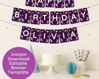 Banner de cumpleaños para niña, decoraciones para fiesta espacial, decoración de cumpleaños de otro mundo, guirnalda imprimible de astronauta galáctica.
