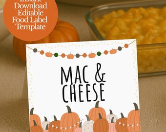 Rustikale Kürbis Friends, die Lebensmitteletiketten geben, bearbeitbare Canva Thanksgiving-Buffetkarten, Herbstparty-Tischkarten zum Ausdrucken