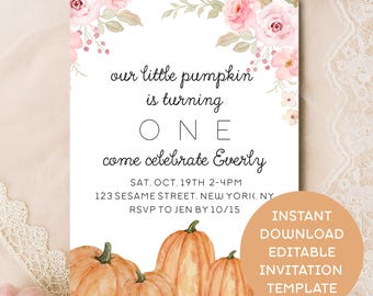 Floral Pumpkin First Birthday Invitation, Our Little Pumpkin is One Invite, Editable Fall Girl Birthday, Pink Autumn Pumpkin Party Template