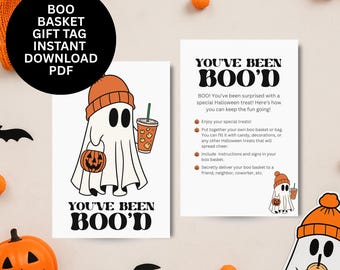 Etiqueta de regalo e instrucciones para cesta de Boo fantasma hipster "Te han abucheado" (PDF imprimible), instrucciones para bolsa de Boo de café con calabaza helada de Halloween retro